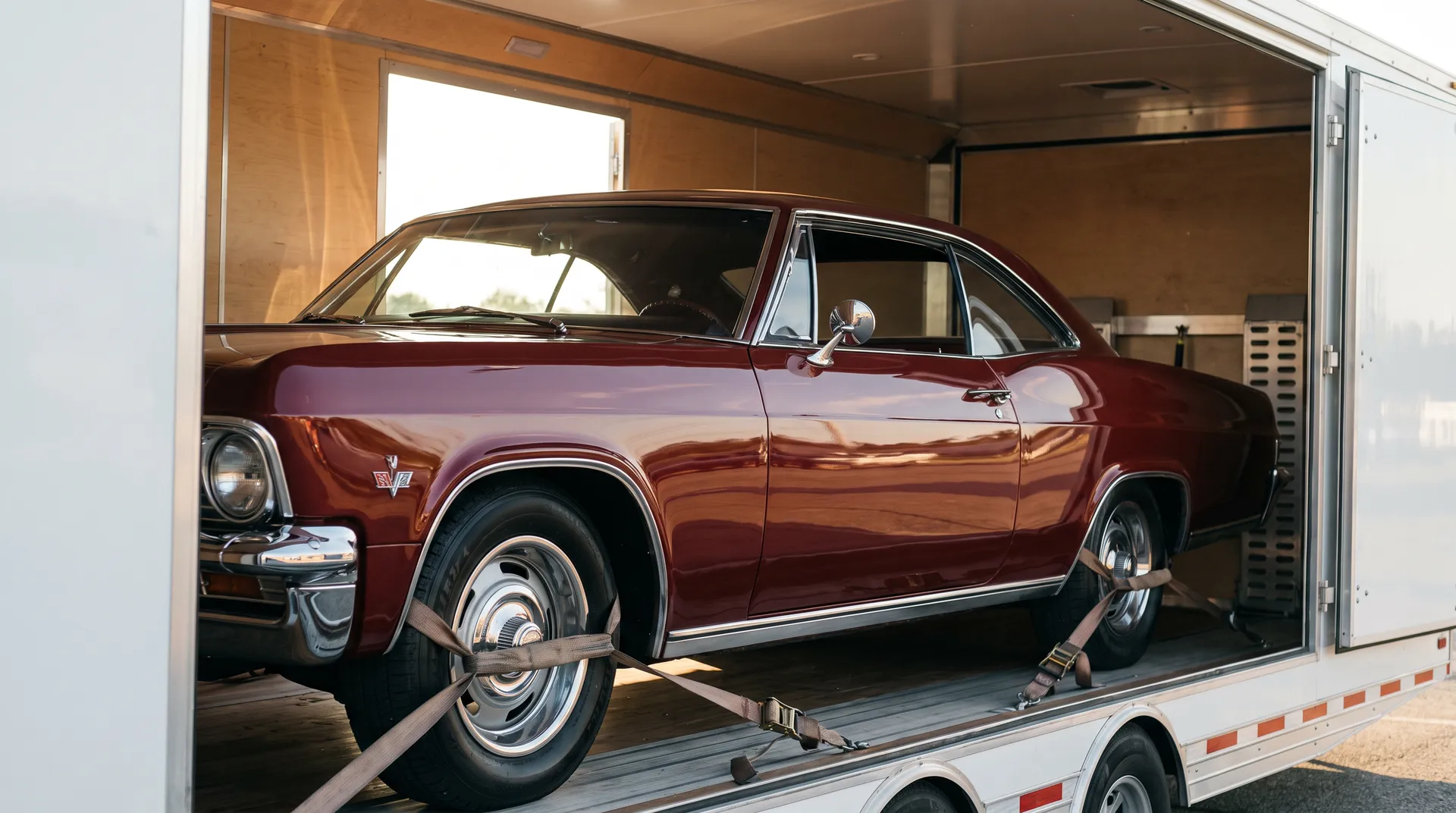 Burgundy 1960s hardtop strapped down inside a wood-floored enclosed trailer