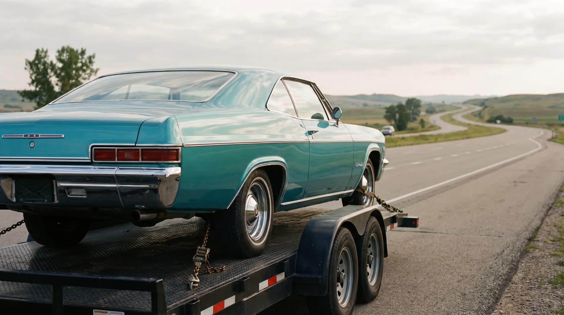 Teal 1960s coupe chained on an open two-axle trailer heading down a rural highway