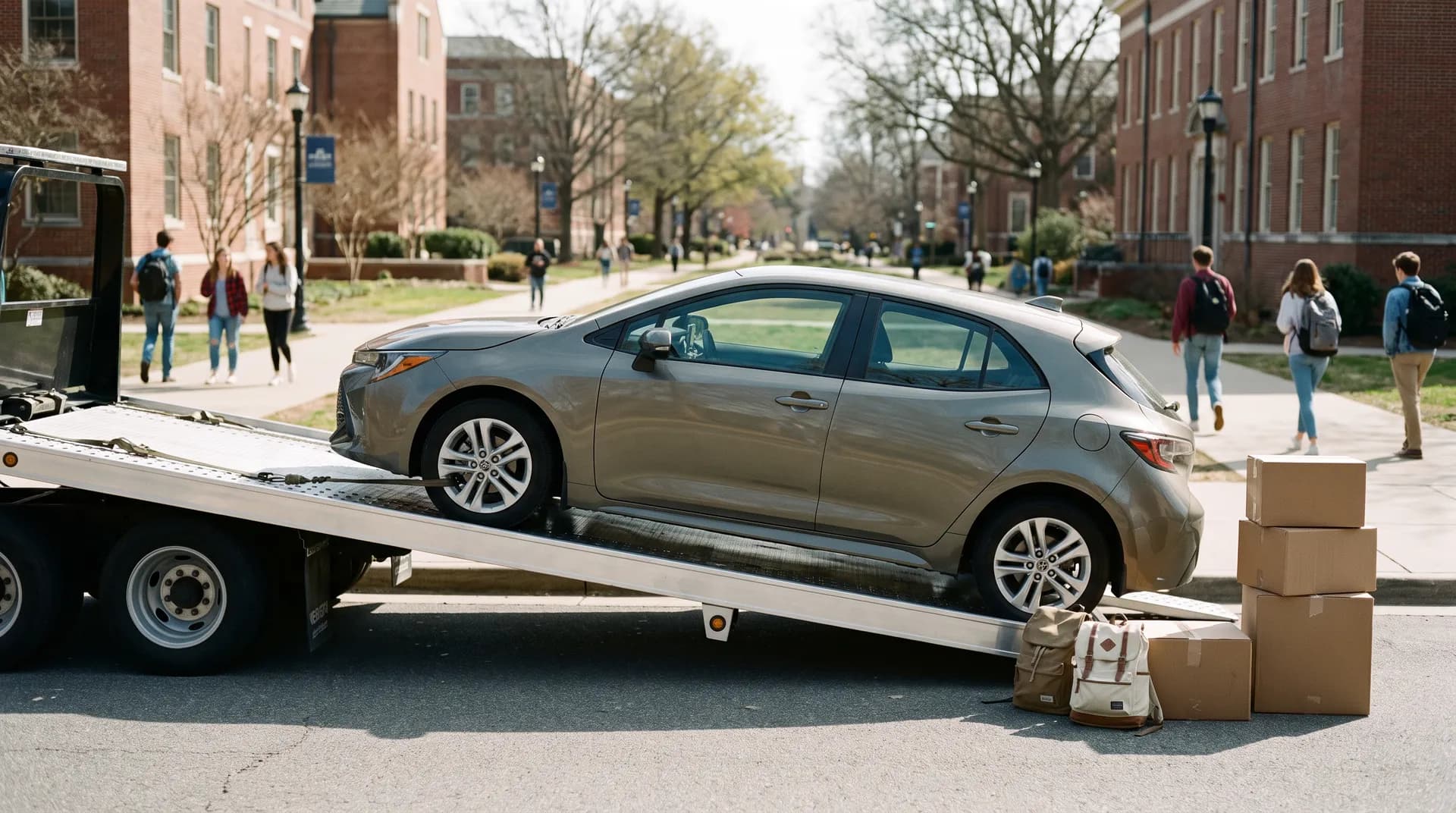 Silver hatchback on a flatbed ramp beside boxes and bags on a campus street