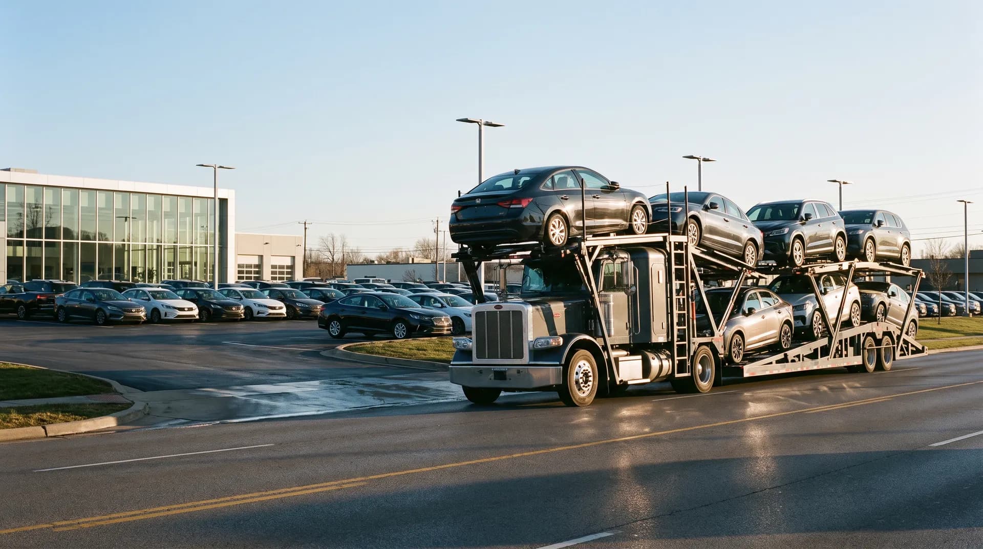 Open carrier loaded with dark sedans and SUVs arriving past a dealership storefront