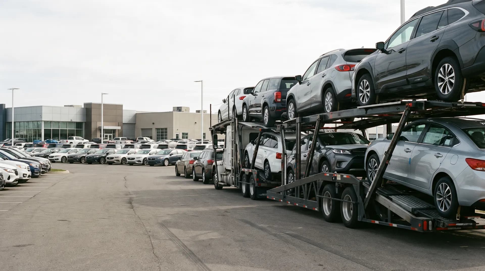 Car hauler stacked with SUVs and sedans pulling out of a dealership lot