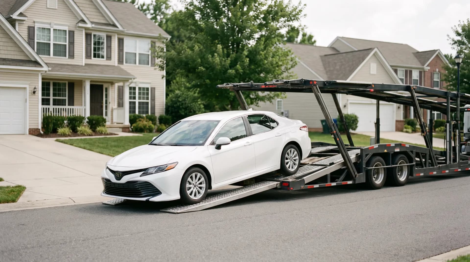 White sedan being loaded up ramps onto an open carrier in front of suburban two-story houses