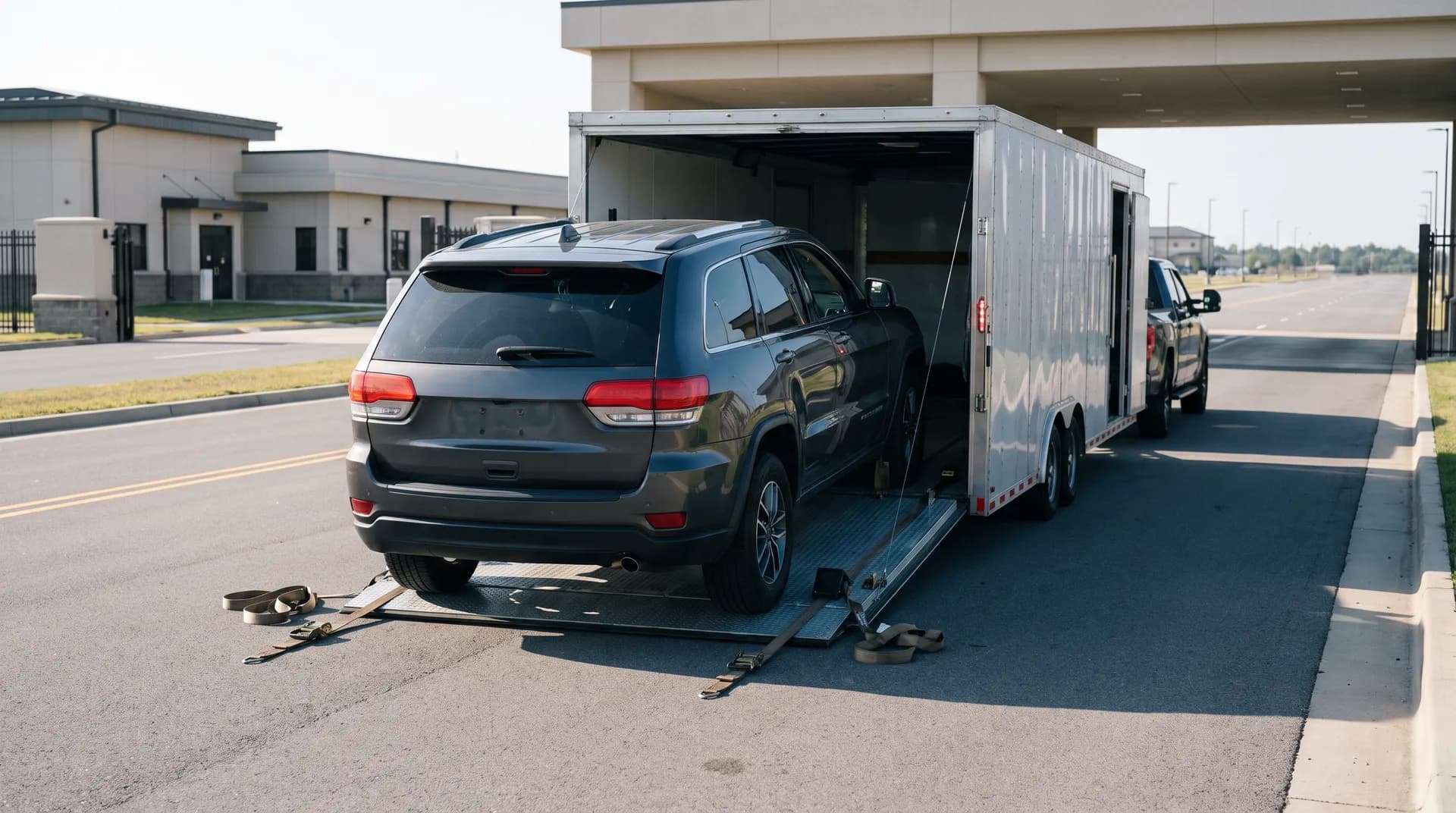 Gray SUV strapped inside an enclosed trailer at a gate area with low base-style buildings
