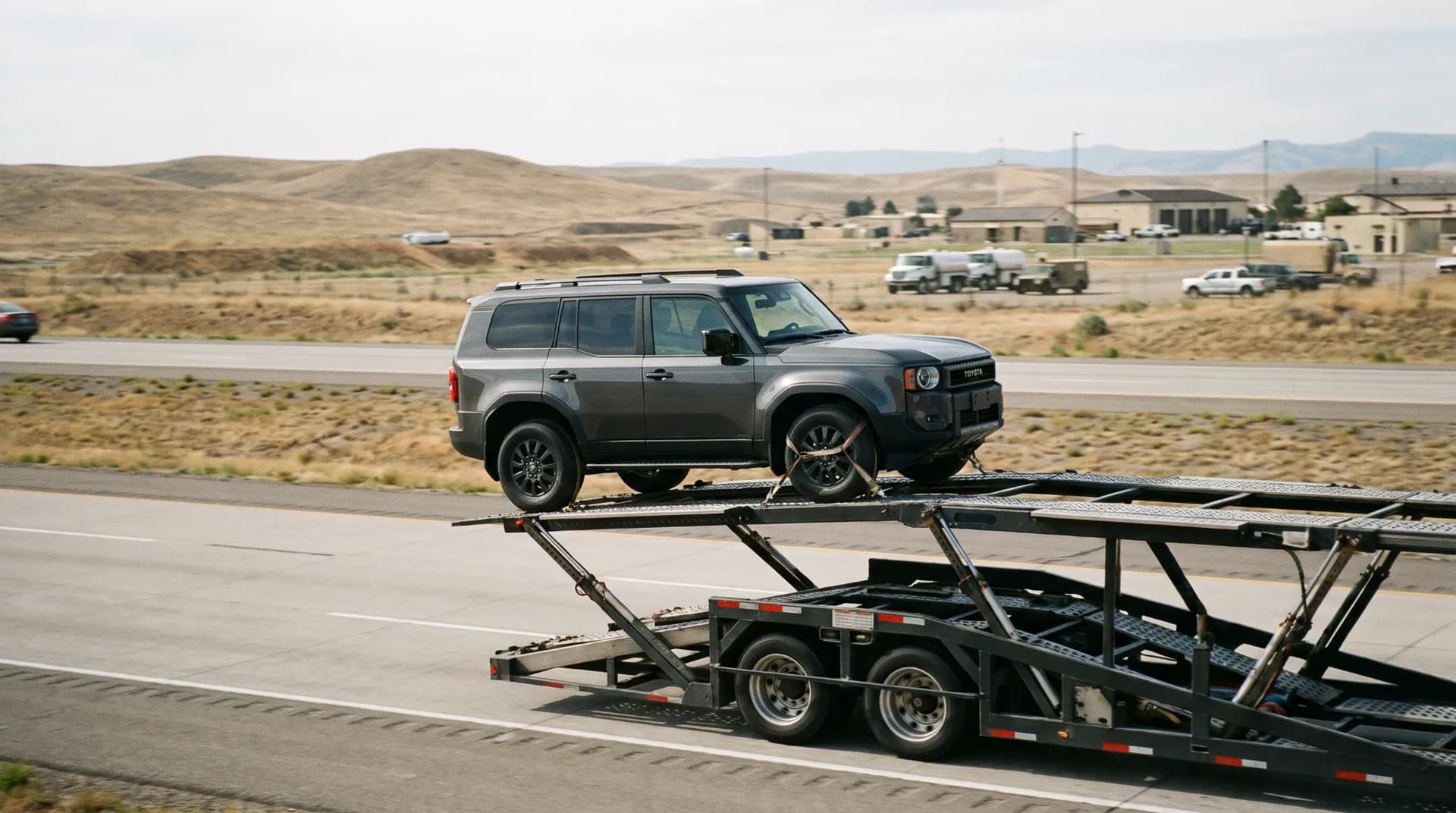 Gray SUV riding the top deck of an open carrier past a dry high-plains town