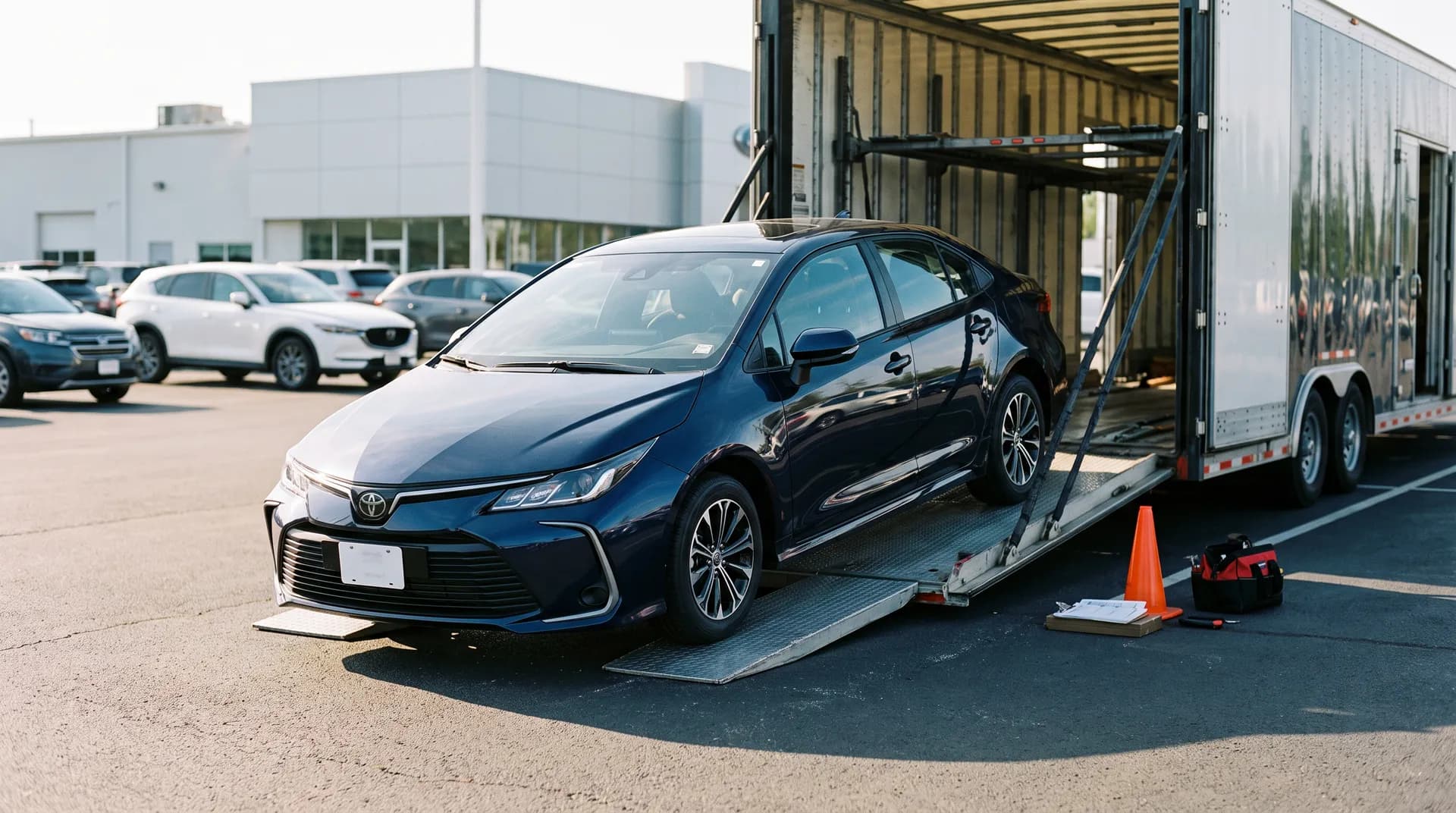 Dark blue sedan unloading from an enclosed trailer in a dealership lot