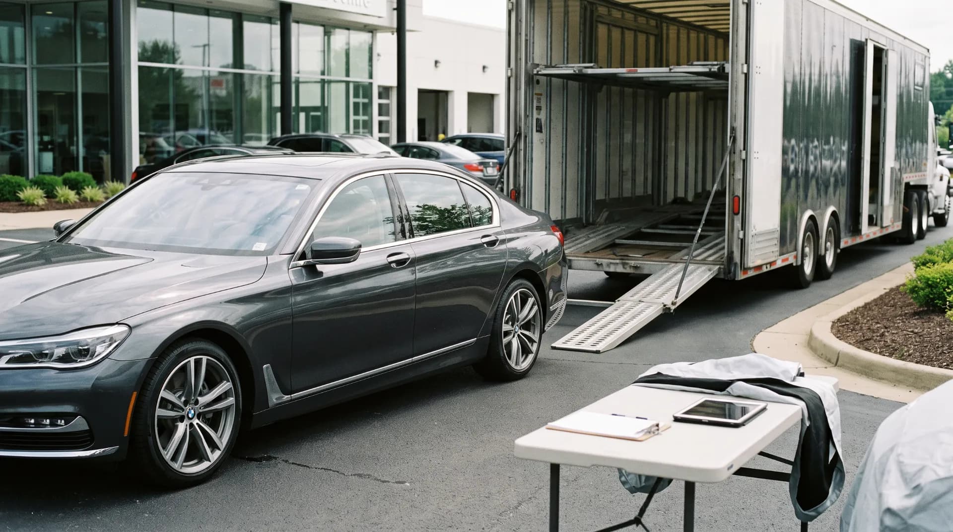 Gray sedan at a dealership beside an open enclosed trailer, paperwork table in the foreground