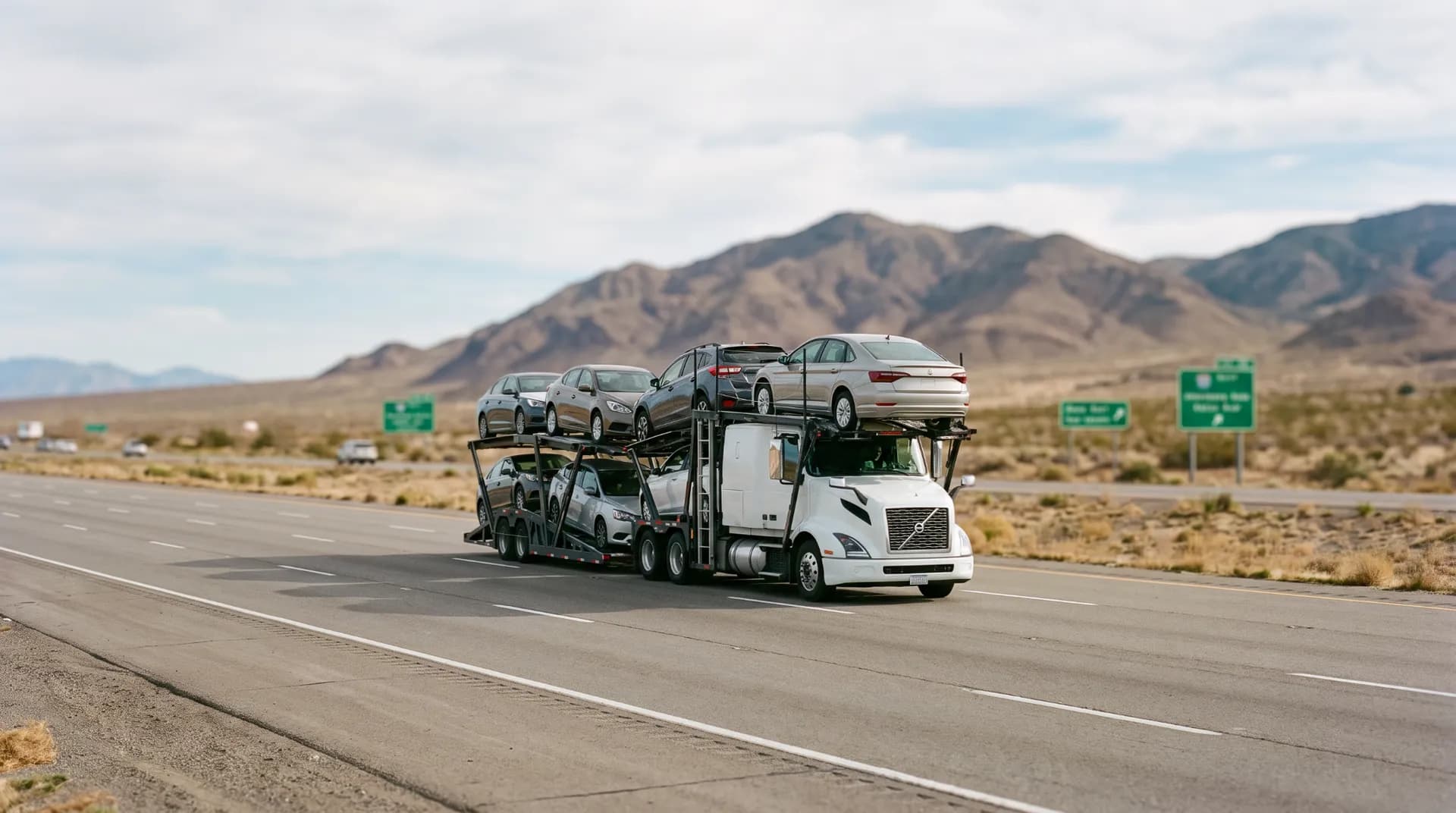 White semi hauling sedans on a two-deck open carrier along a desert highway with mountains behind