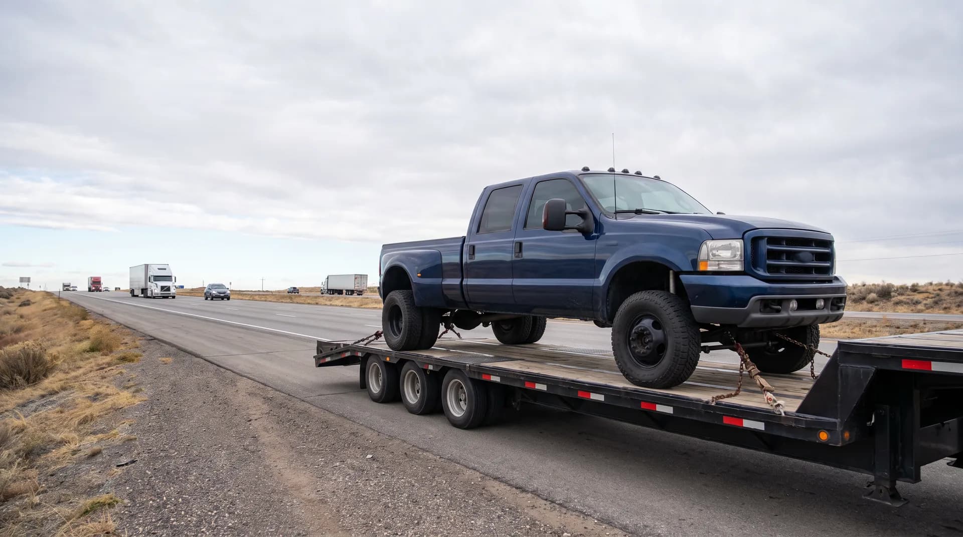 Blue dually pickup riding a gooseneck trailer along a desert highway