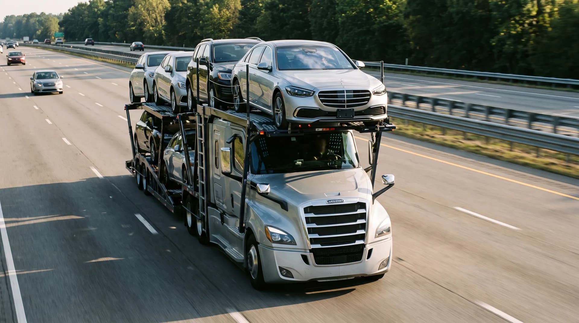 Silver semi car hauler carrying sedans down a multi-lane highway
