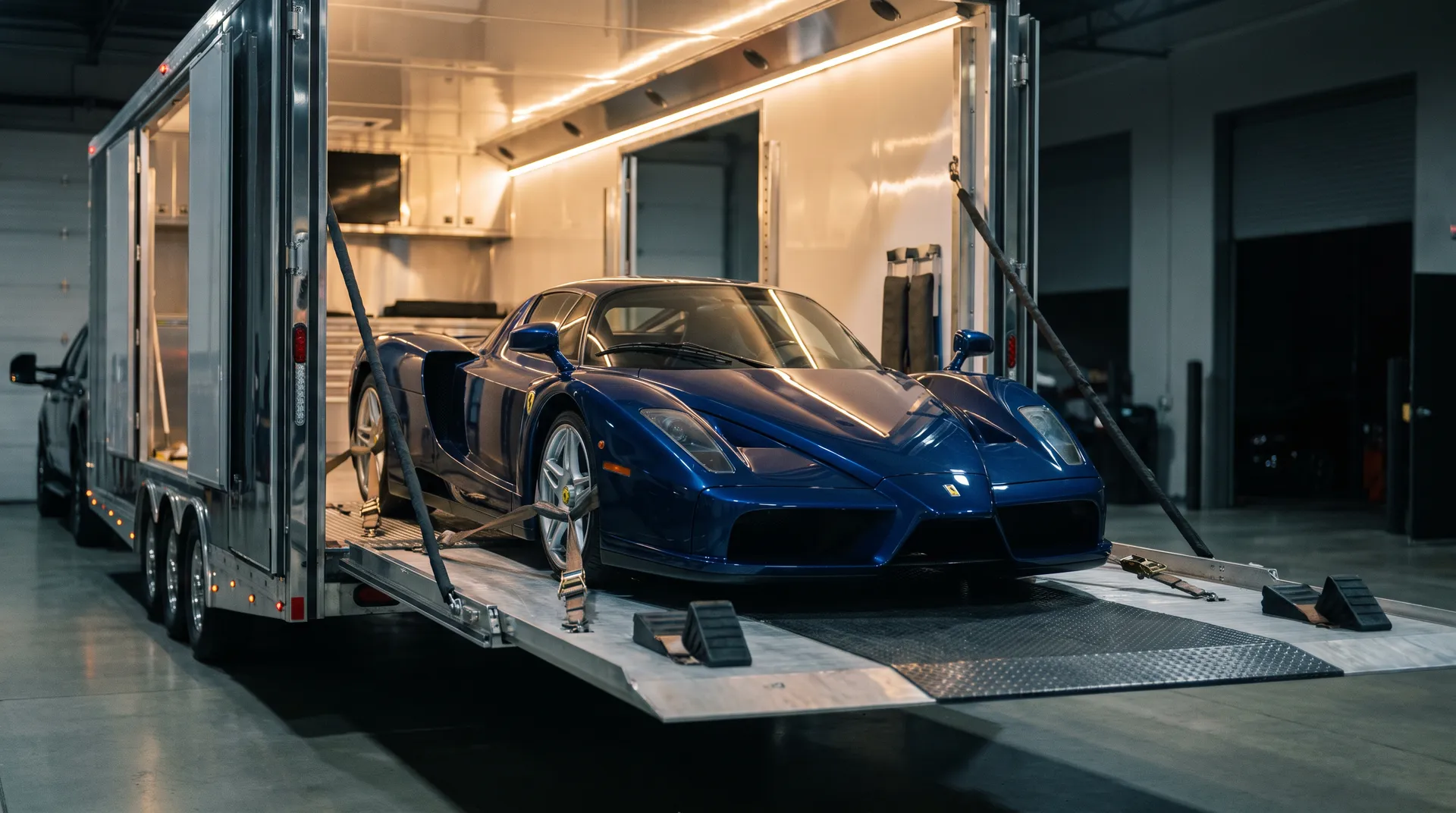 Blue exotic coupe on the liftgate platform of a polished enclosed trailer inside a facility