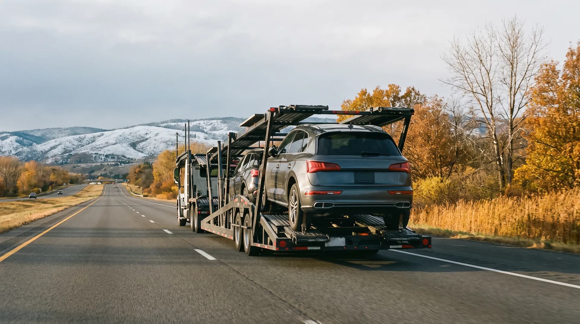 Gray SUV on an open carrier passing autumn foliage with snow-dusted mountains ahead
