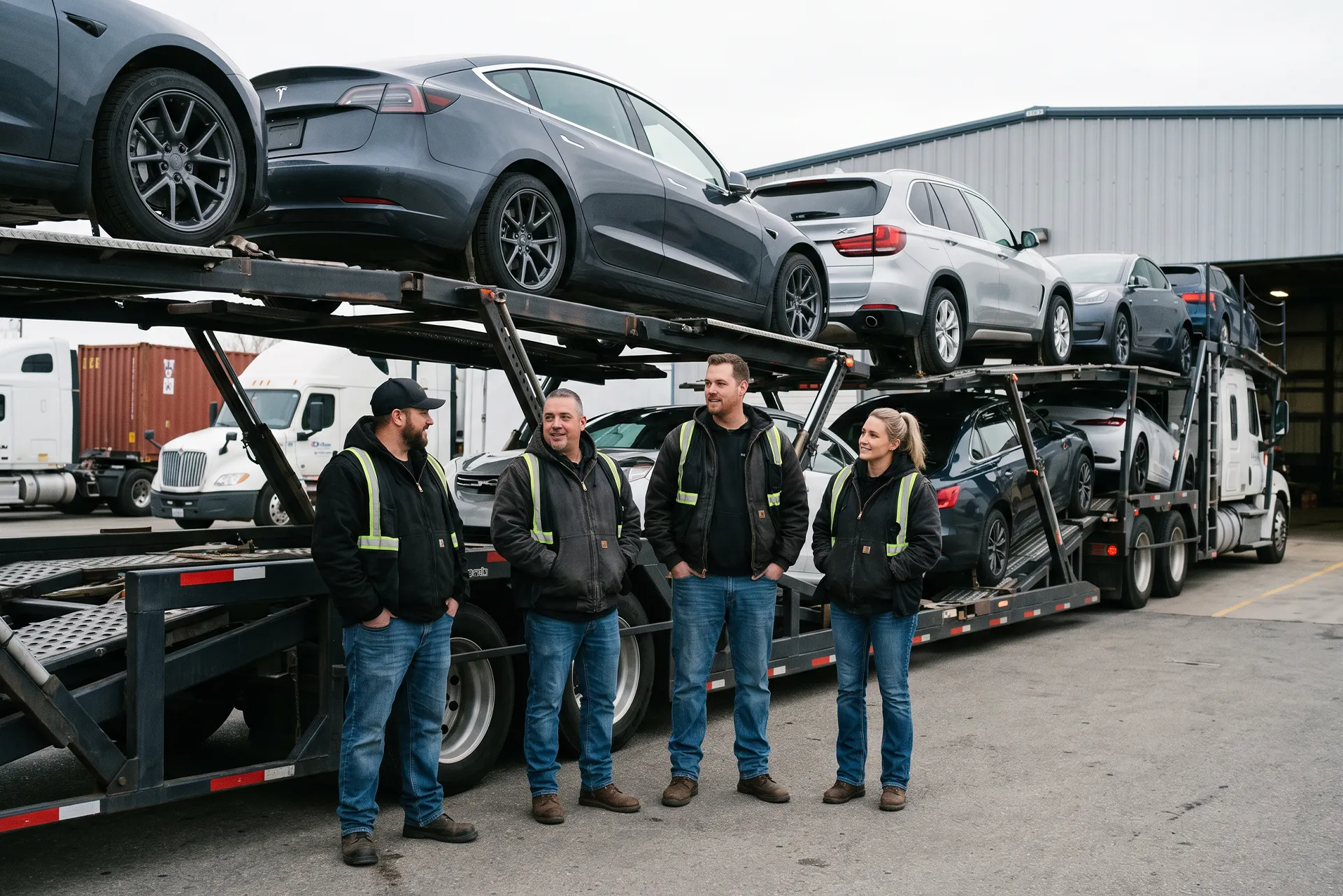 Four crew members in hi-vis jackets standing in front of a loaded car hauler at a depot