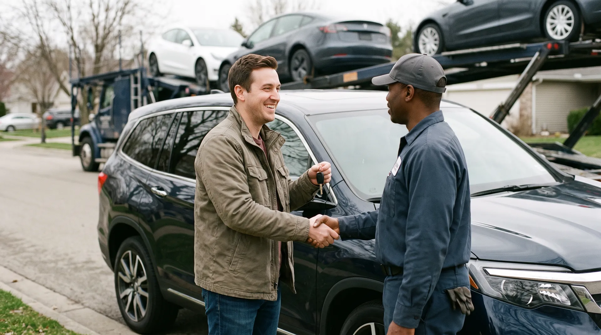 Driver handing keys to a smiling customer beside a dark SUV, loaded car carrier behind