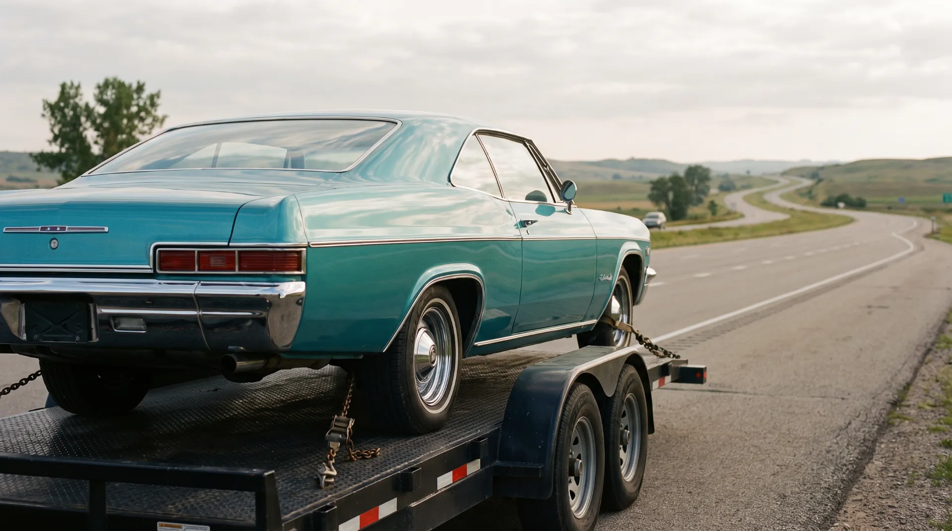 Teal 1960s coupe chained on an open two-axle trailer heading down a rural highway