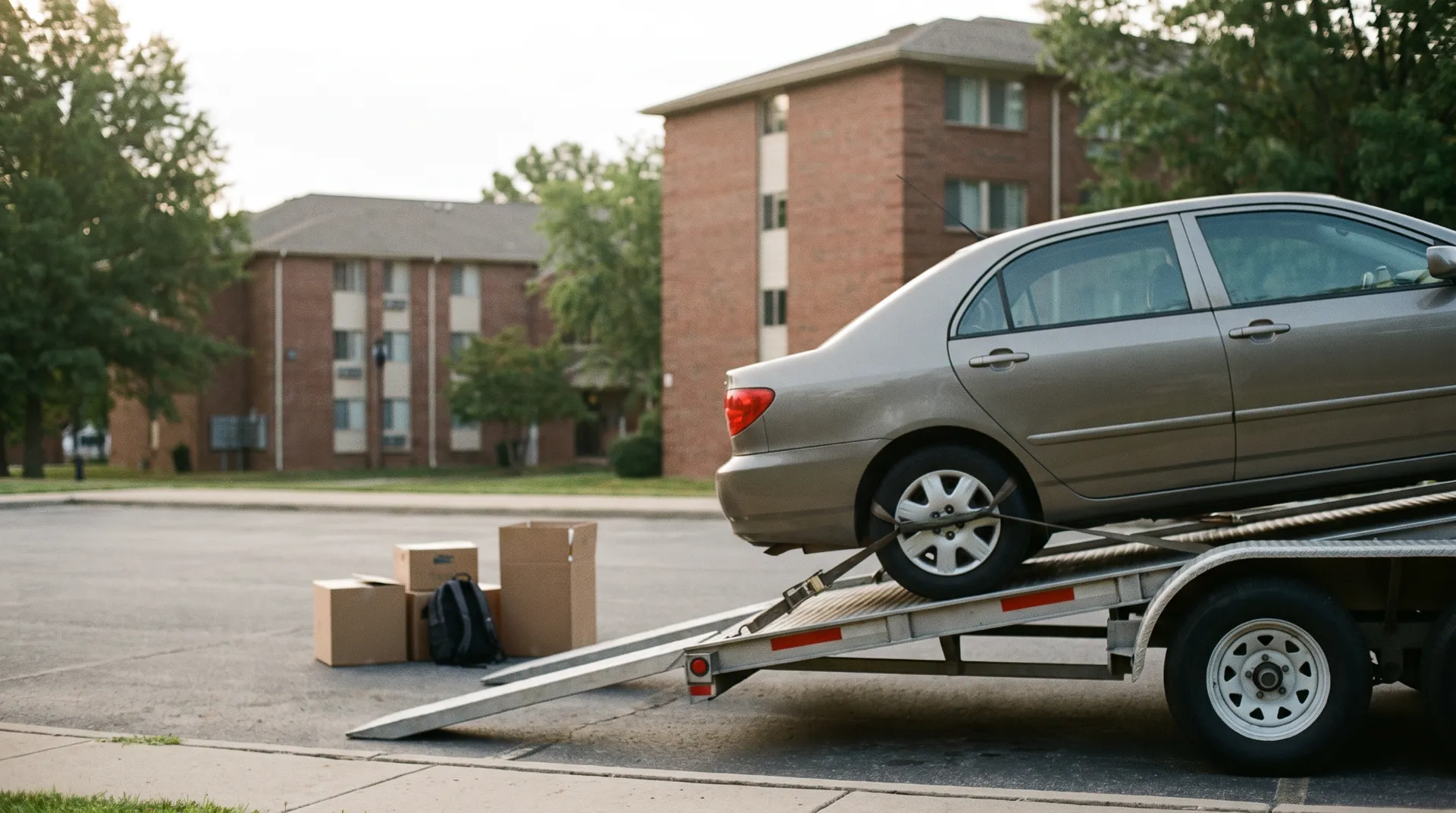 Tan compact car coming off a trailer ramp beside moving boxes near brick campus apartments