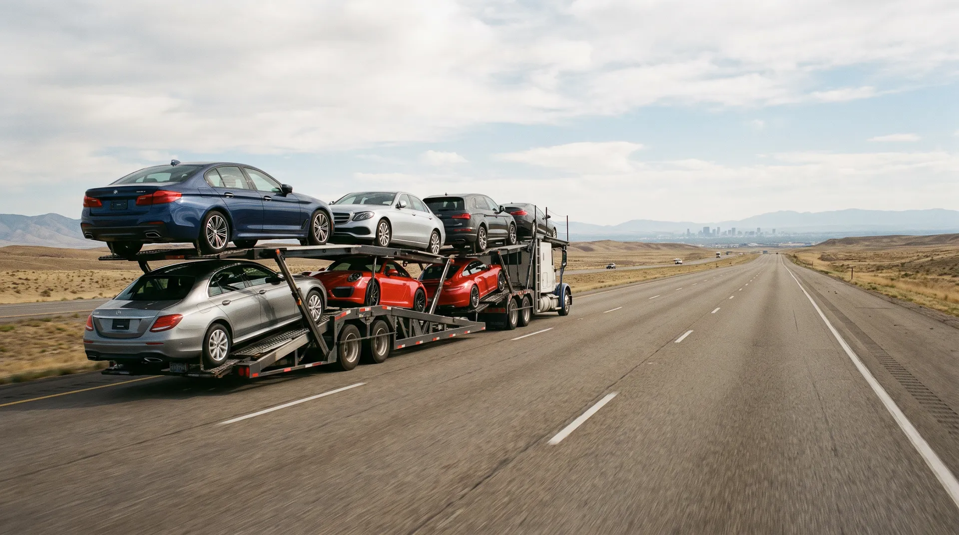 Open carrier loaded with mixed cars including a red sports car on a long straight interstate