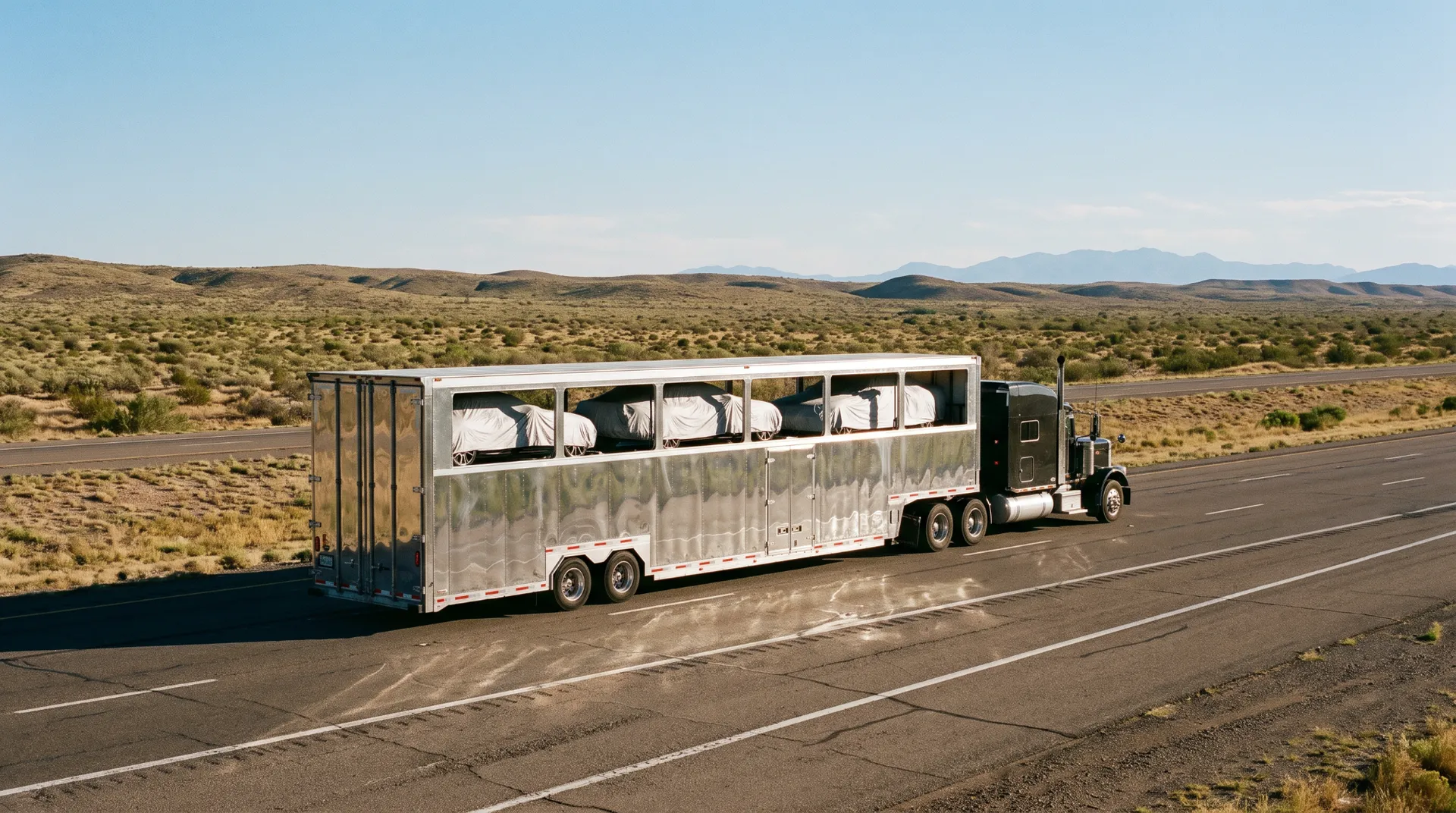 Semi pulling an enclosed multi-car trailer with covered vehicles across an open desert road