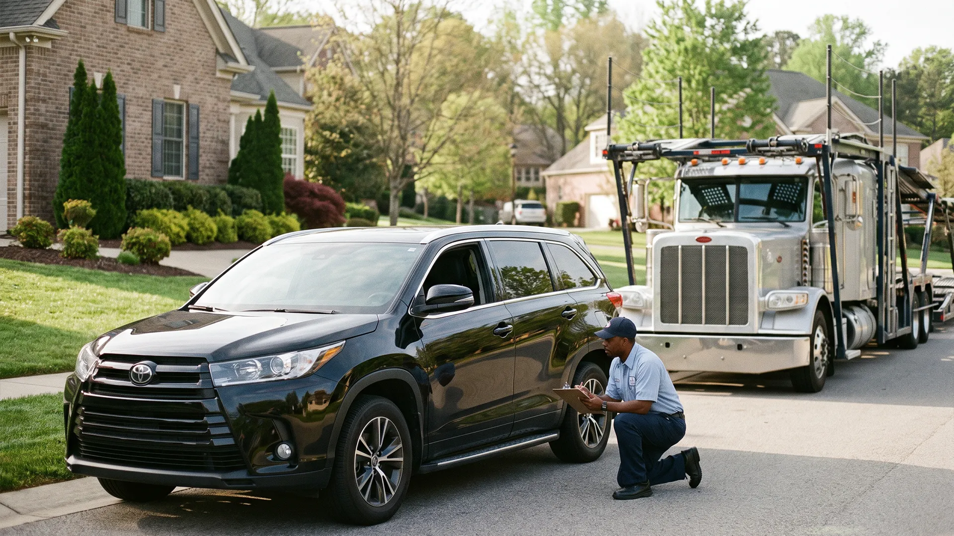 Driver kneeling beside a black SUV in a residential driveway with the car hauler waiting on the street