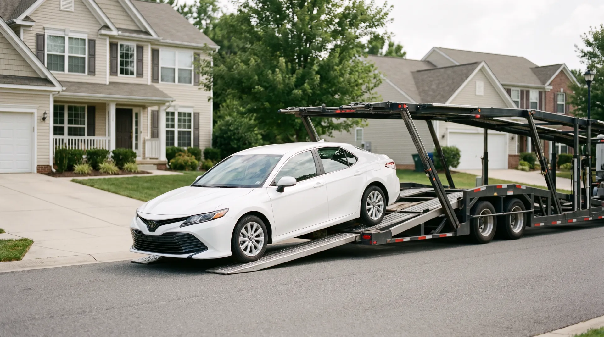 White sedan being loaded up ramps onto an open carrier in front of suburban two-story houses