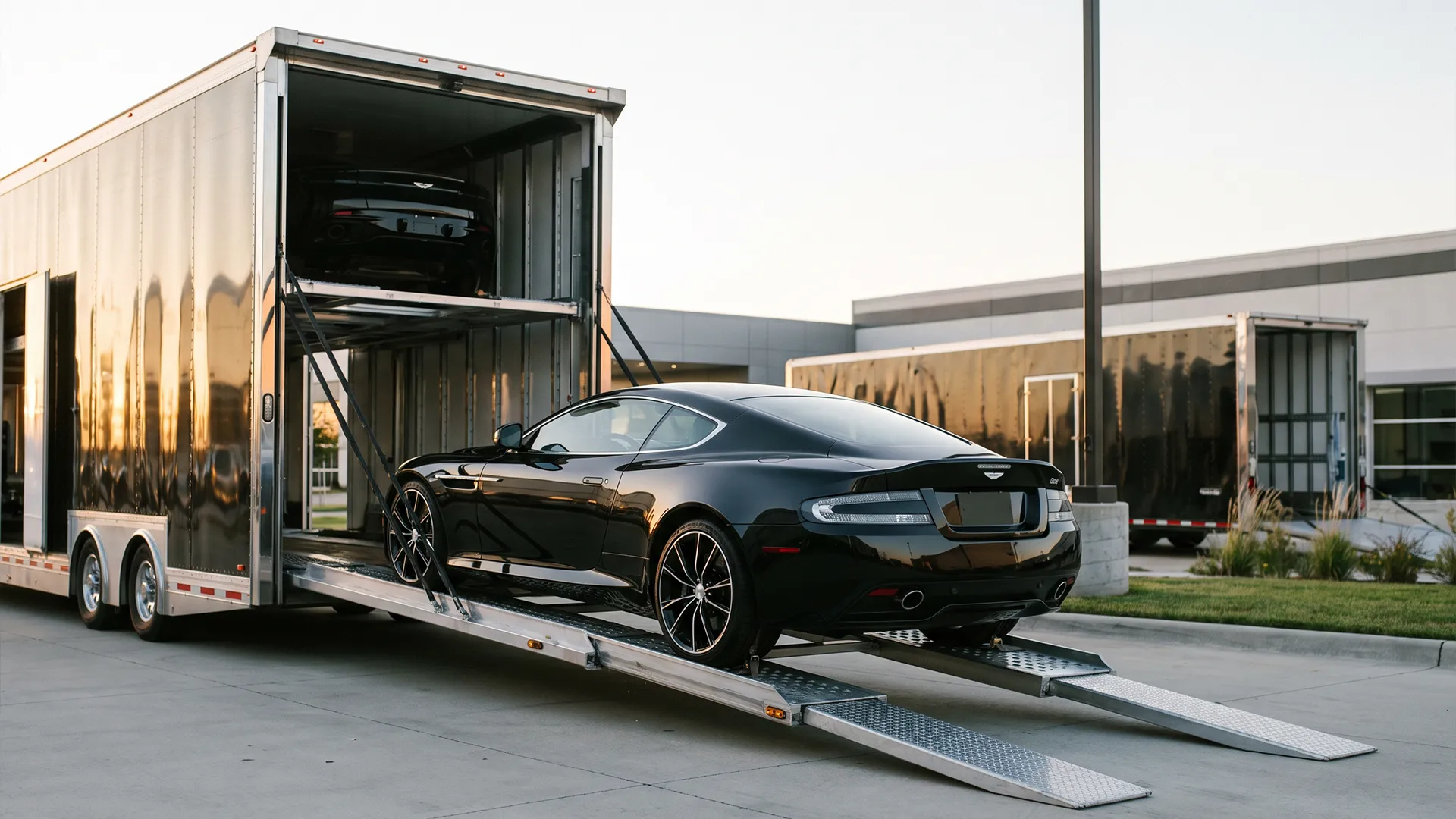 Black grand tourer loading up a liftgate ramp into a hard-sided enclosed trailer