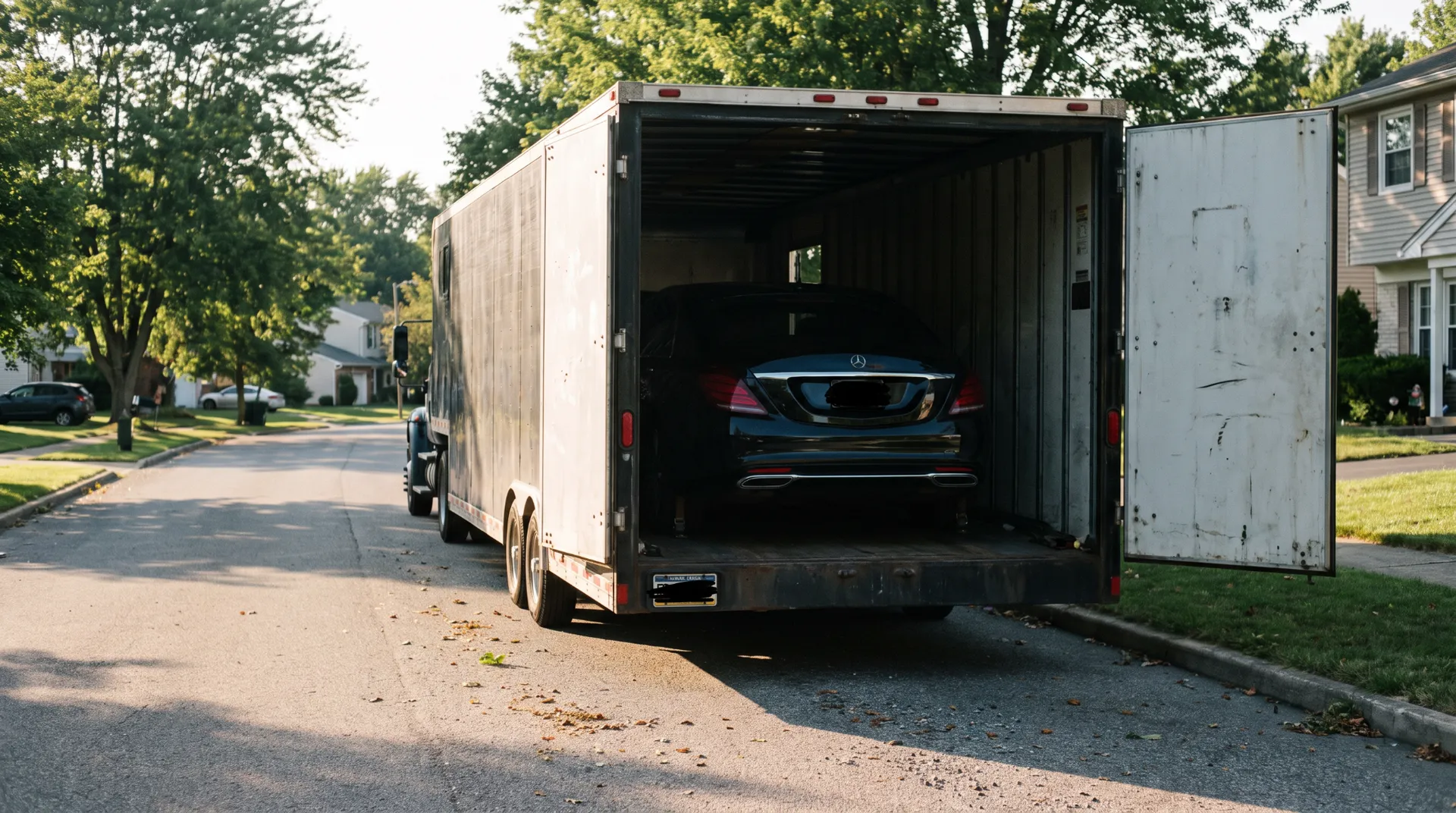 Dark sedan backed inside an enclosed trailer with doors open on a tree-lined suburban street