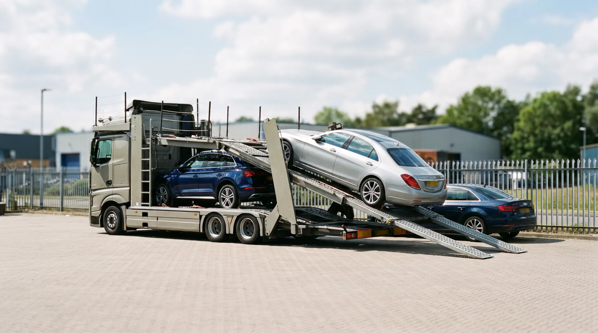 Car carrier parked in a lot with ramps down, unloading a silver sedan and dark SUV