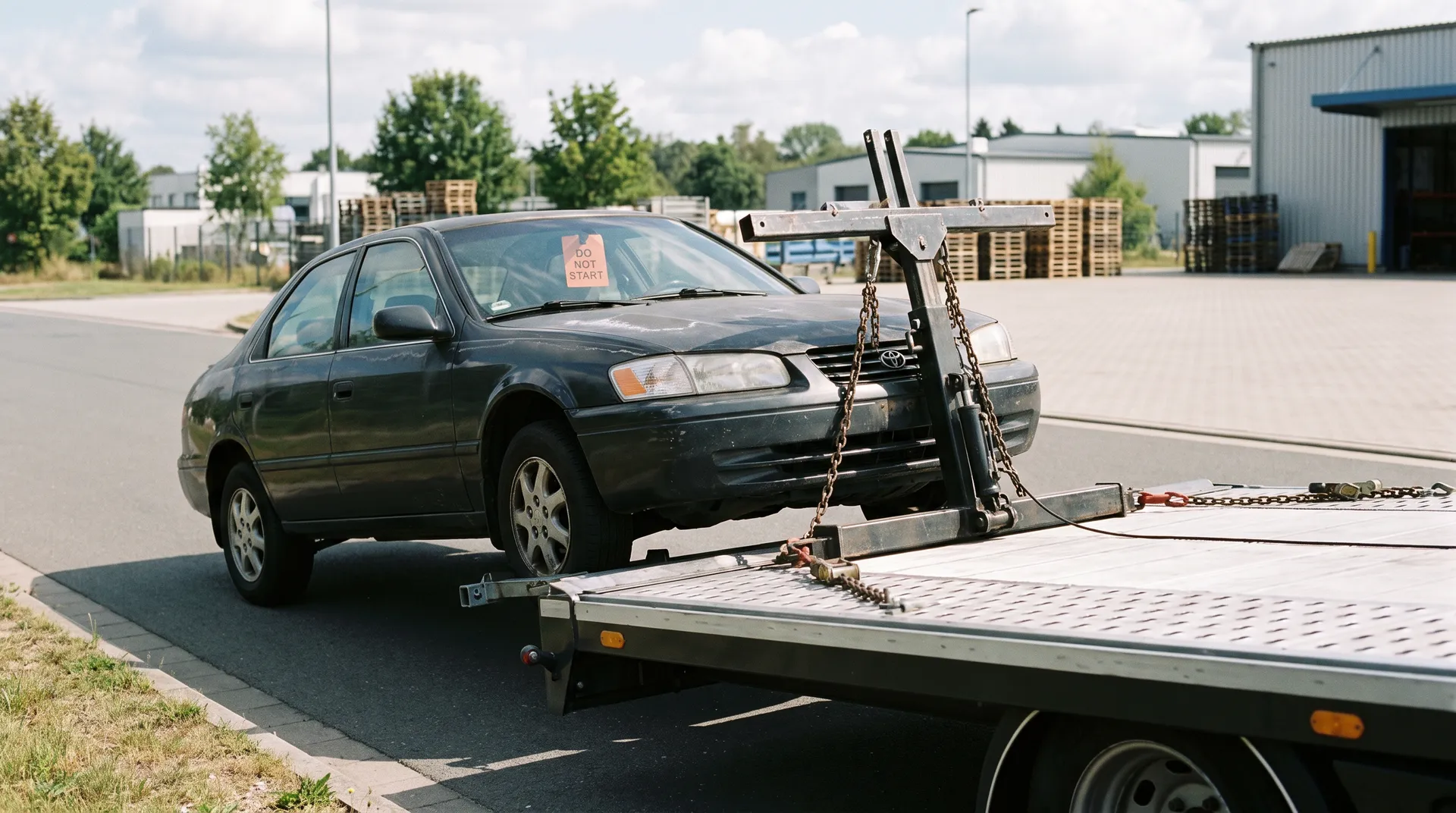 Sedan with a do-not-start tag being winched onto a flatbed trailer