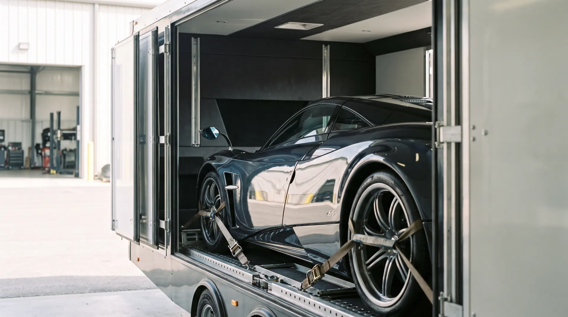 Dark supercar strapped over its wheels inside an enclosed trailer at a shop doorway