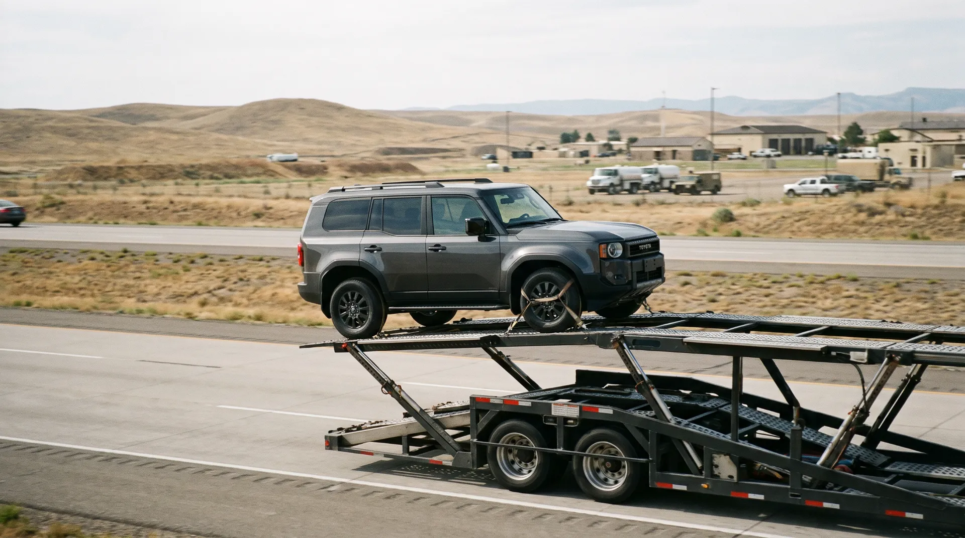Gray SUV riding the top deck of an open carrier past a dry high-plains town