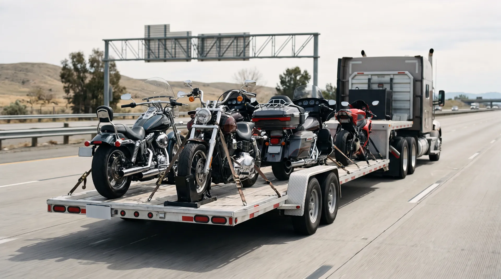 Four motorcycles strapped upright on a flatbed trailer towed by a semi on a highway
