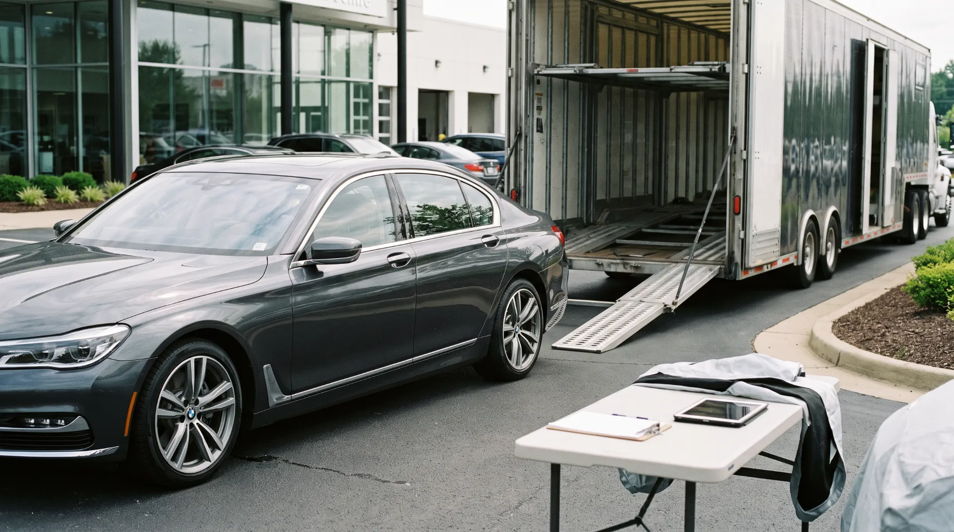 Gray sedan at a dealership beside an open enclosed trailer, paperwork table in the foreground
