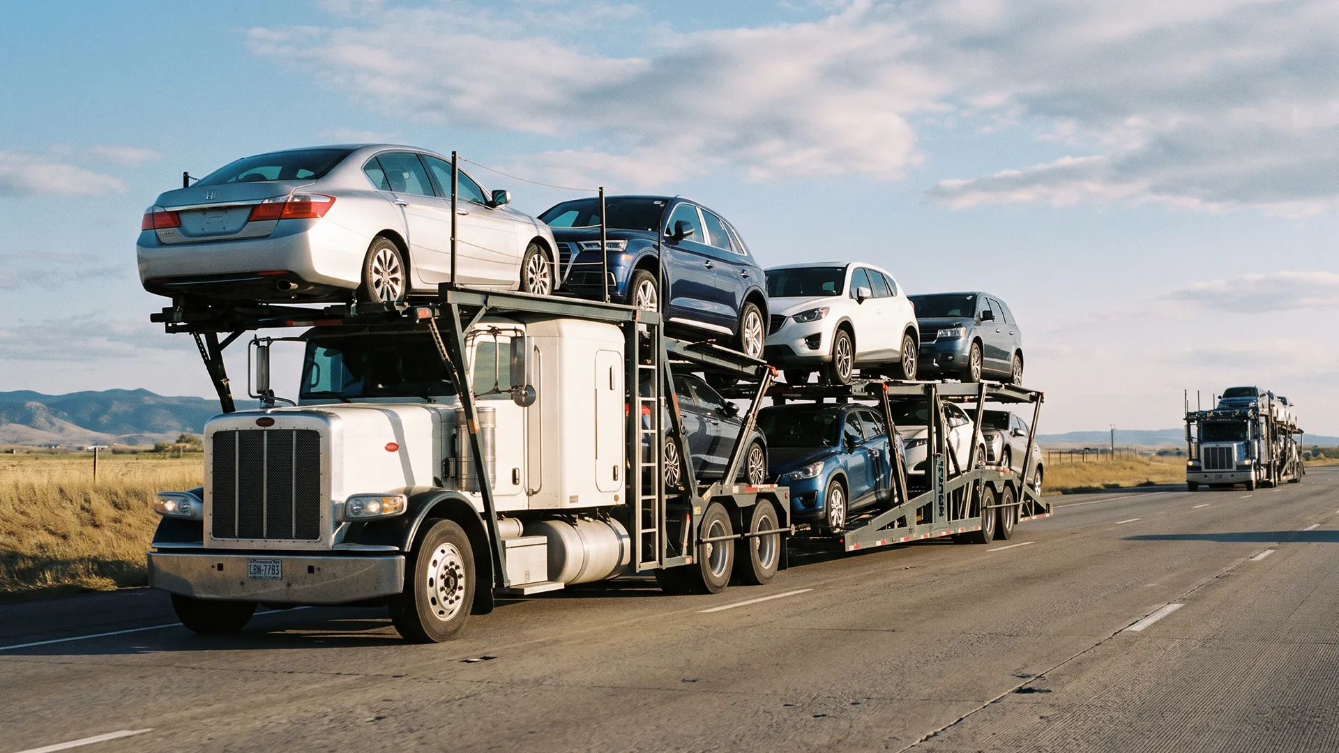 Loaded two-deck open carrier hauling sedans and SUVs down a rural highway