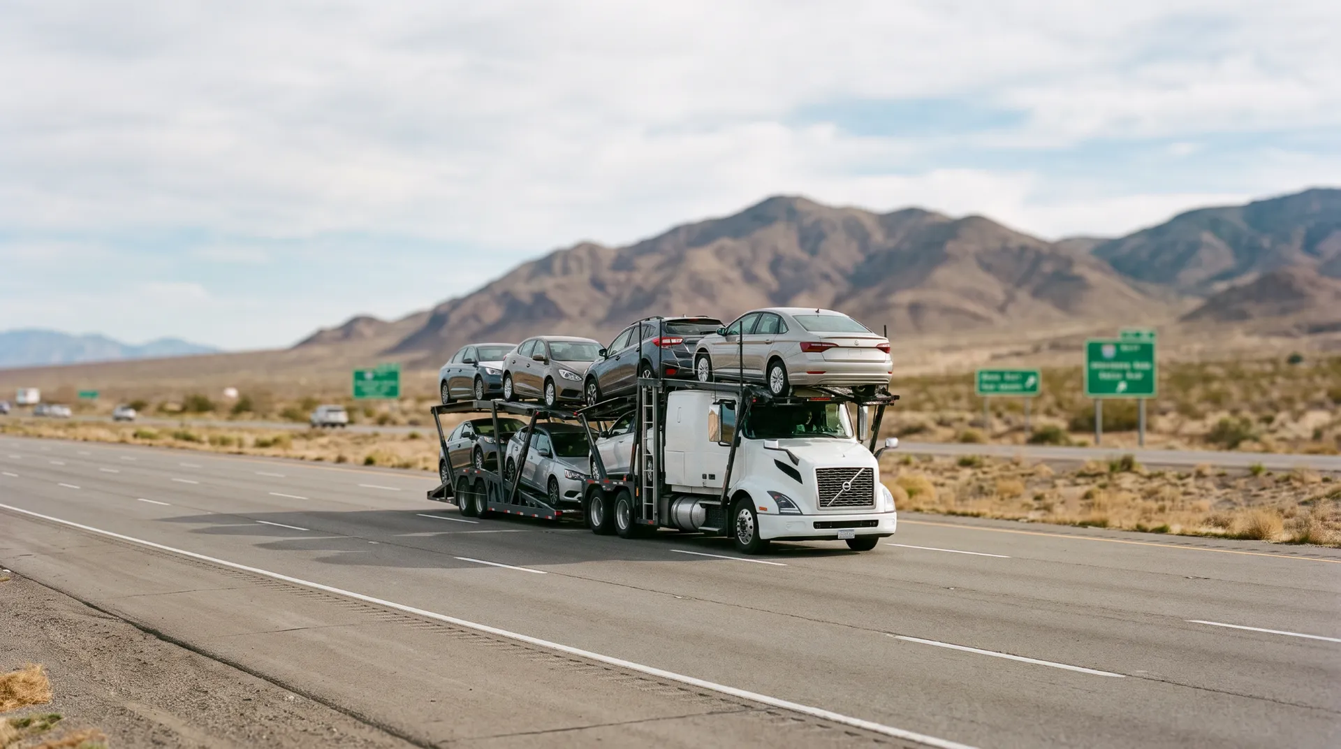 White semi hauling sedans on a two-deck open carrier along a desert highway with mountains behind