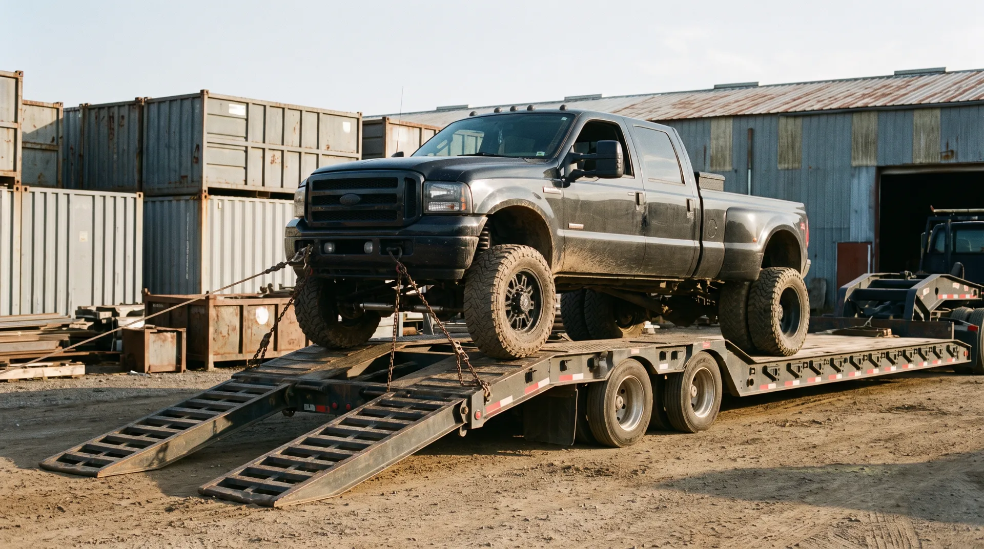 Lifted black pickup on oversized tires chained to a step-deck trailer among shipping containers