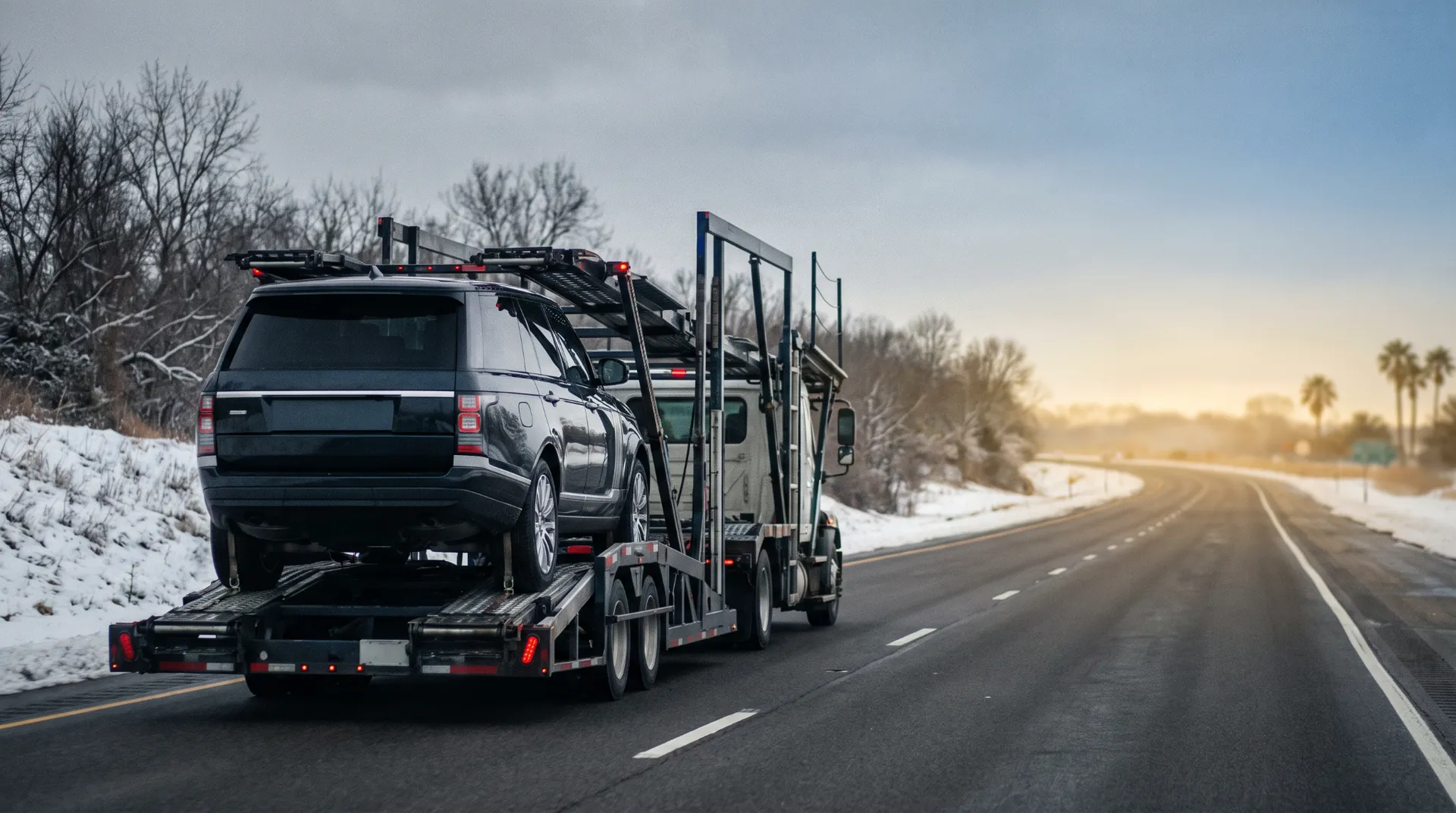 Black SUV on a car carrier leaving a snowy roadside toward a stretch with palm trees ahead